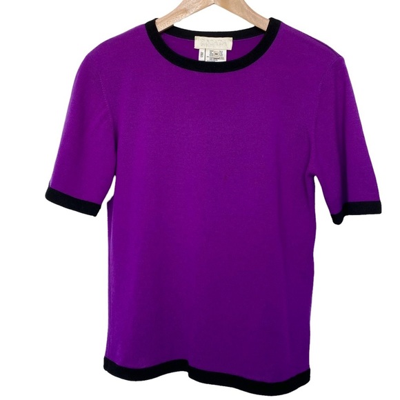 Escada Sweaters - Escada Classic Wool Purple Black Trim Crew Neck Short Sleeve Sweater Size Small